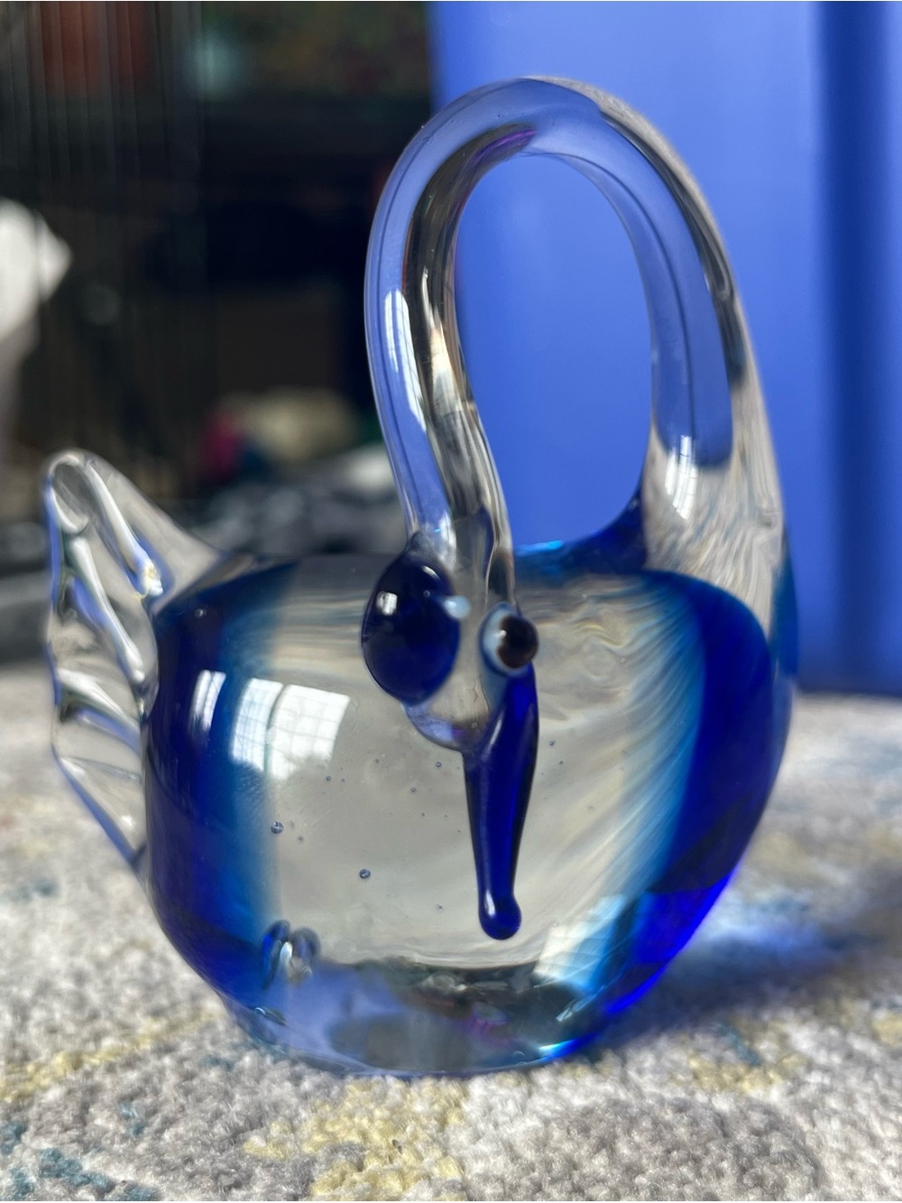 Vintage Cobalt Blue & Clear Art Glass Swan Bird Paperweight Murano Style